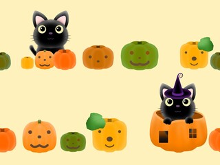 クロネコとカボチャのシームレスパターン　H-4