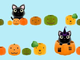 クロネコとカボチャのシームレスパターン　H-3