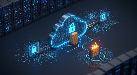 Cybersecurity concept image in a server room, showing holographic cloud icons with padlocks for secure data protection