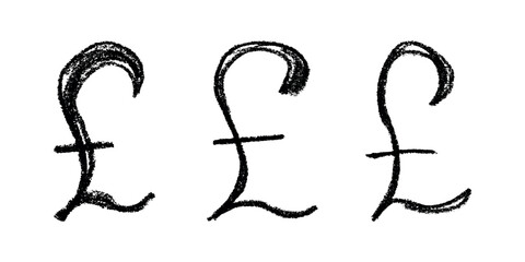 Obraz premium Set of hand drawn british pound currency symbol. Brush stroke doodle. Single element for design