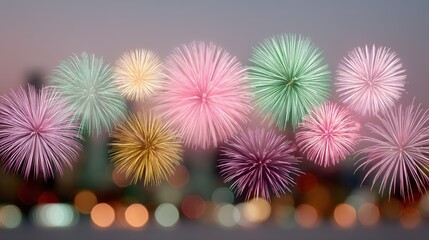 Vibrant Fireworks Exploding in Night Sky Above Cityscape Festive Celebration Colorful Display Against Evening Sky Backdrop Long Exposure