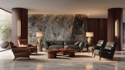 Fototapeta premium Elegant Interior Design: A stunning display of sophisticated living, showcasing a beautifully furnished room, accentuated by rich textures and ambient lighting, the epitome of refined taste.