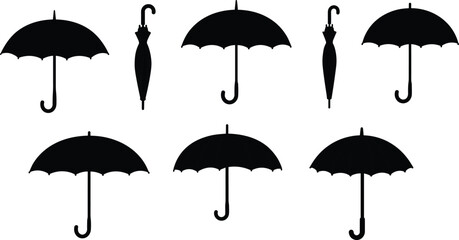 Black umbrella silhouettes collection, open and closed umbrella icons, rainy season design, vector umbrella set, fashion accessory, weather protection illustration © KRISNARANI