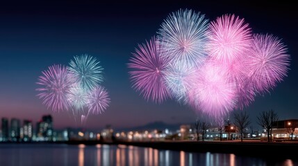 Vibrant Fireworks Exploding in Night Sky Over Cityscape Festive Celebration Multicolored Bursts Against Twilight Background Long Exposure Photography