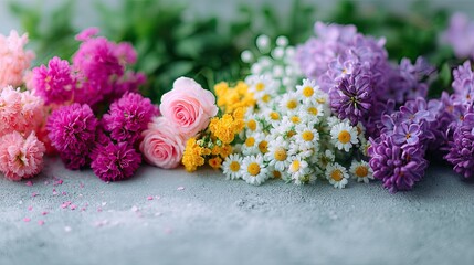 Vibrant Floral Flat Lay with Pink Purple Yellow Flowers on a Textured Gray Background in Cinematic HDR