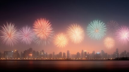 Vibrant Fireworks Exploding Over Cityscape at Night With Light Trails and Silhouette Buildings Against a Deep Blue Sky Illuminating The Water