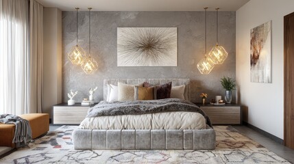 Contemporary bedroom with a gray fabric-upholstered platform bed, geometric rug, wall art, and soft pendant lights creating a chic atmosphere