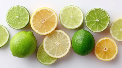 Vibrant Fresh Lemon and Lime Slices on Clean White Background Showing Citrus Fruit Variety and Refreshing Colors Under Bright Studio Lighting