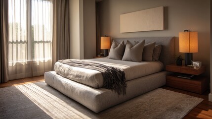 Fototapeta premium Minimalist bedroom with fabric-upholstered platform bed, sleek side tables, modern lamps, and warm tones for a cozy and sophisticated ambiance