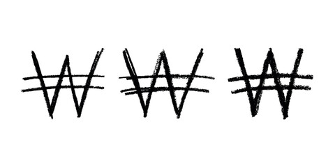 Set of hand drawn won currency symbol. Brush stroke doodle. Single element for design
