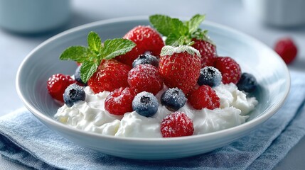 Vibrant Fruit Salad Featuring Strawberries Blueberries Raspberries and Mint Garnish on Cottage Cheese in a Blue Bowl Still Life
