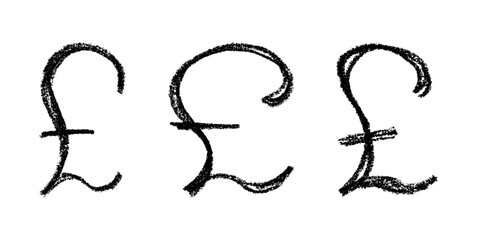 Obraz premium Set of hand drawn british pound currency symbol. Brush stroke doodle. Single element for design