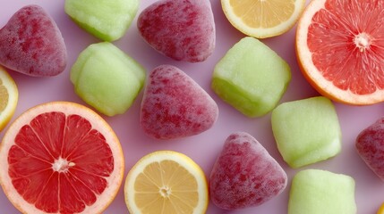 Vibrant Fruit Flat Lay with Citrus and Sugared Candies on Lavender Background in Bright Studio Lighting for Fresh and Healthy Aesthetic