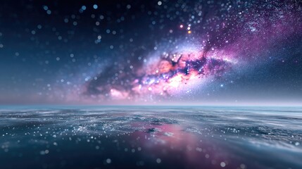 Vibrant Galaxy With Distant Stars And Glittering Surface Reflections In A Deep Blue And Purple Night Sky