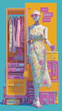 A stylish mannequin in a brightly colored space, showcasing a floral dress against a vibrant backdrop, embodying modern fashion trends and the essence of chic lifestyle choices.