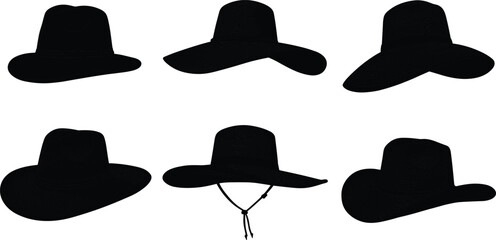 Silhouette wide brim hats collection, fashion accessories, cowboy, fedora, sun hat, vintage style, black outline, isolated vector illustration