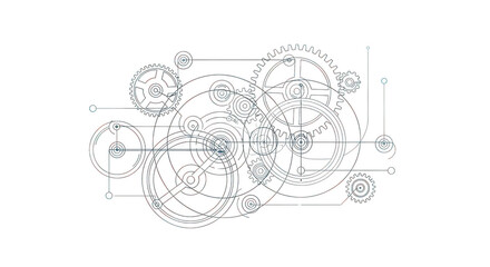 Blueprint schematic of interlocking gears and mechanical components, isolated on a transparent background