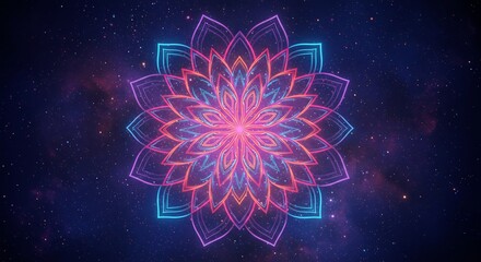 Obraz premium 宇宙空間に浮かぶ蓮の曼荼羅ネオンのように鮮やかに輝く神秘的な光が織りなす美しい幾何学模様. AI Generated