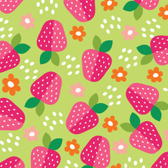 Seamless pattern with strawberry on color background. Natural delicious fresh ripe tasty fruit. Vector illustration for print, fabric, textile, banner, other design. Food concept
