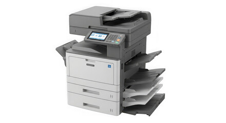 Professional office multifunction printer with scanner, copier, and fax capabilities, isolated on transparent background
