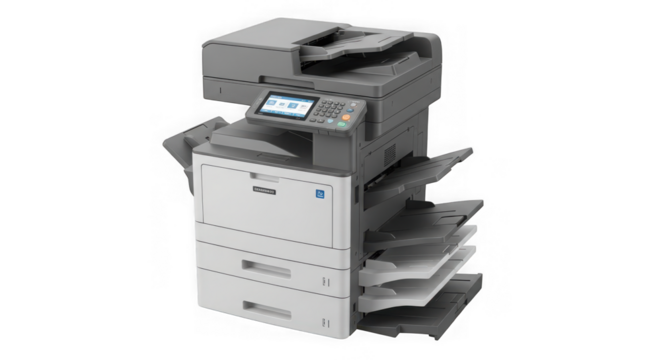 Professional office multifunction printer with scanner, copier, and fax capabilities, isolated on transparent background