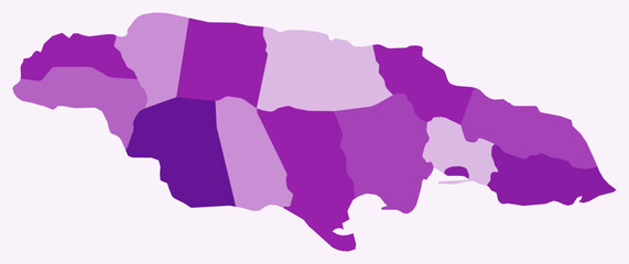 Map of Jamaica with regions. Just a simple country border map with region division. Purple color palette. Plain Jamaica shape with administrative division. Vector illustration.