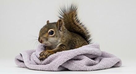 柔らかな光に包まれタオルでぬくぬくとくつろぐ小さな愛らしいリスのクローズアップ. AI Generated