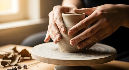 Close-up of a craftsman's hands shaping raw clay on a spinning pottery wheel, creating a unique ceramic vessel in a sunlit art studio