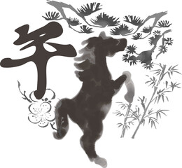 年賀2026　年賀状素材　力強く跳ねる墨絵の馬と縁起物モノクロイラスト