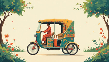 Traditional Bangladeshi Rickshaw art in minimal vector style, Ai generate 