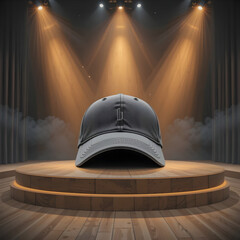 Dark gray baseball cap displayed on a wooden stage under theatrical spotlights and smoke headwear