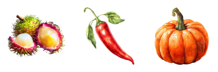 Watercolor painting featuring rambutan, chili pepper and pumpkin vegetables displayed as art on transparent background