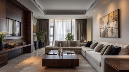 Fototapeta premium Luxury Living Room Interior: An expansive living room interior, showcasing elegant design, featuring plush sofas, sophisticated decor, natural light, and high-end furnishings.