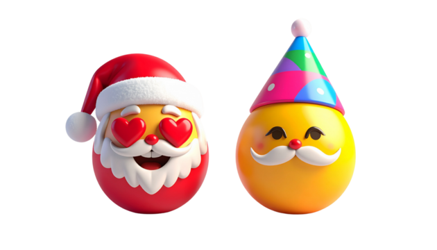 Santa Emoji with Heart Eyes and Santa Emoji with Party Hat, isolated on transparent background