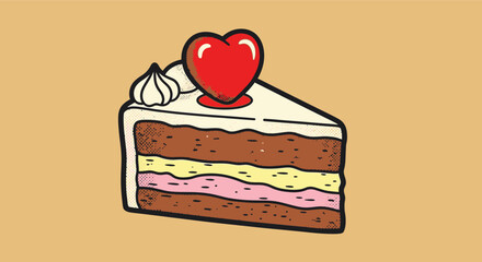 Delicious Slice of Cake with Heart Topping Illustration.
