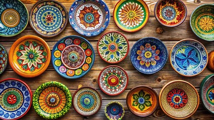 Vibrant Handcrafted Ceramics on Wood: Flat Lay Panoramic