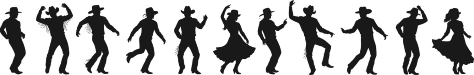 Cowboy silhouettes dancing, western line dance group, country folk festival, rodeo performance, wild west culture, boots hats rhythm, traditional square dance