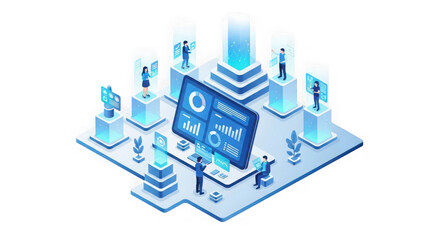 Isometric digital data analysis and business intelligence concept with people interacting with futuristic screens and charts, isolated on transparent background