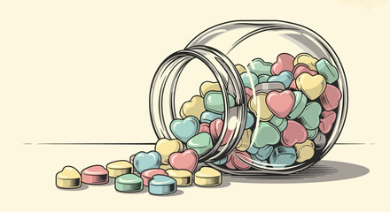 Jar of HeartShaped Candies Spilling Out.