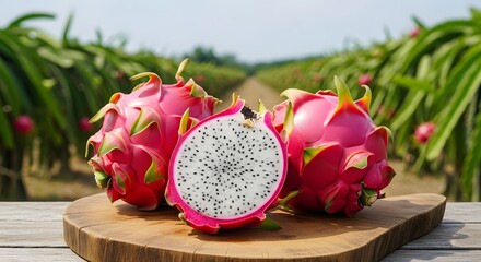 Freshly Harvested Dragon Fruit on a Wooden Board in a Field