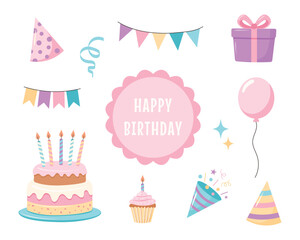 Birthday party elements set. Birthday cake, balloons, cupcake, gift, birthday hat, garlands. Vector illustration