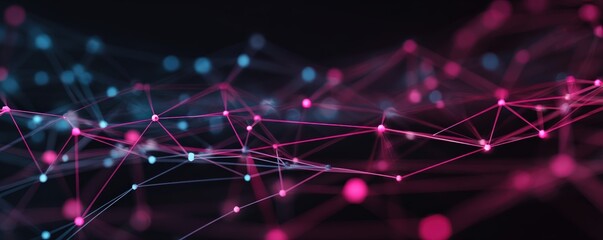 An abstract representation of interconnected nodes and lines in vibrant pink and blue against a dark background, symbolizing data networks or digital connections.