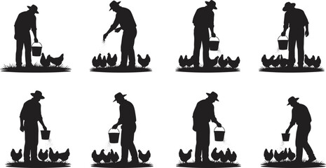 Farmer feeding chickens silhouette, rural agriculture scene, poultry care, bucket feed, countryside lifestyle, black vector illustration, farm animal interaction graphic