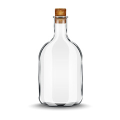 Realistic transparent empty clear glass bottle with a natural cork stopper isolated on white vector 3d blank mockup front view, for displaying liquid products, essential oils, vintage alcohol concepts