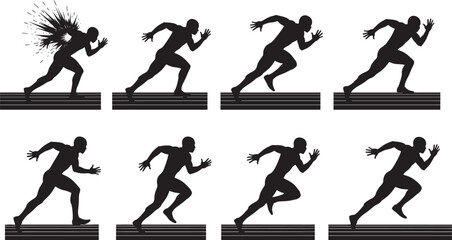 Runner sprint sequence silhouette, track race motion, athlete start to finish, black vector illustration, sports action, speed, victory pose graphic
