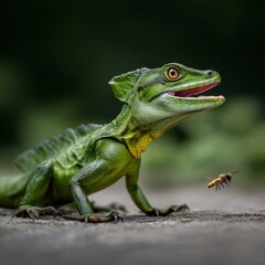 Fototapeta premium Basilisk Lizard Gazing at Bee: A vibrant emerald basilisk lizard, in a dynamic pose, locks eyes with a hovering bee, showcasing its keen interest in nature's dance.