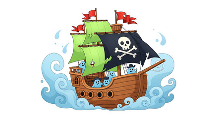 Cartoon Pirate Ship Sailing with Ghostly Crew on Wavy Seas