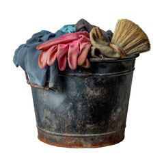Rusty metal bucket filled with dirty clothes and gloves, and a brush