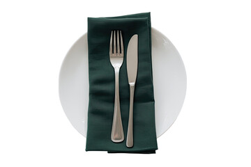 Formal place setting with dark green napkin, fork, and knife on a white plate