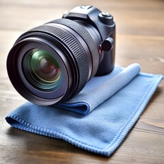 DSLR Camera Lens on Blue Microfiber Cloth on Wood